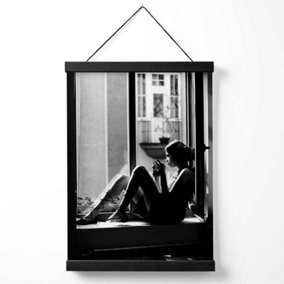 Girl in Window Fashion Black and White Photo Medium Poster with Black Hanger