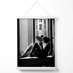 Girl in Window Fashion Black and White Photo Poster with Hanger / 33cm / White