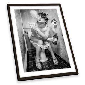 Girl Smoking Toilet Bathroom FRAMED ART PRINT Picture Portrait Artwork Black Frame A2 (H)64cm x (W)47cm