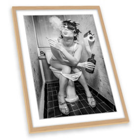 Girl Smoking Toilet Bathroom FRAMED ART PRINT Picture Portrait Artwork Light Oak Frame A1 (H)89cm x (W)64cm