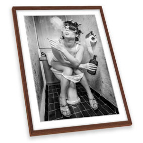 Girl Smoking Toilet Bathroom FRAMED ART PRINT Picture Portrait Artwork Walnut Frame A2 (H)64cm x (W)47cm