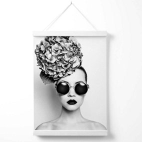 Girl with Dark Sunglasses Fashion Black and White Photo Poster with Hanger / 33cm / White