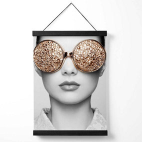 Girl with Gold Bling Sunglasses Fashion Black and White Photo Medium Poster with Black Hanger