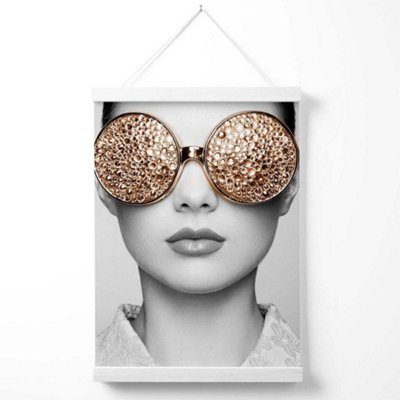 Girl with Gold Bling Sunglasses Fashion Black and White Photo Poster with Hanger / 33cm / White