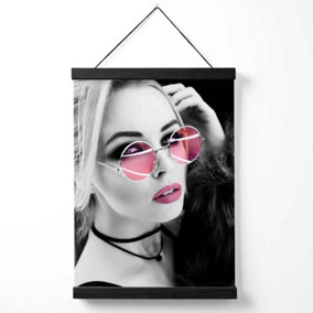 Girl with Pink Sunglasses Fashion Black and White Photo Medium Poster with Black Hanger