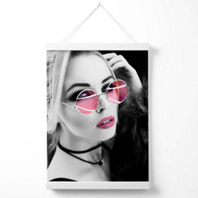 Girl with Pink Sunglasses Fashion Black and White Photo Poster with Hanger / 33cm / White