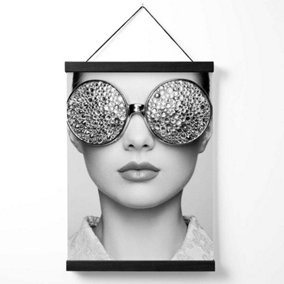 Girl with Silver Bling Sunglasses Fashion Black and White Photo Medium Poster with Black Hanger