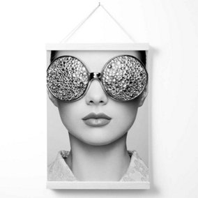 Girl with Silver Bling Sunglasses Fashion Black and White Photo Poster with Hanger / 33cm / White