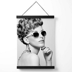 Girl with Sunglasses Fashion Black and White Photo Medium Poster with Black Hanger
