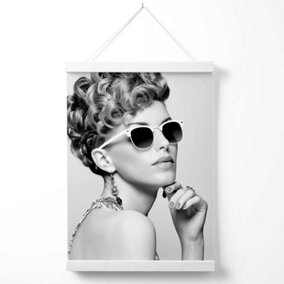 Girl with Sunglasses Fashion Black and White Photo Poster with Hanger / 33cm / White