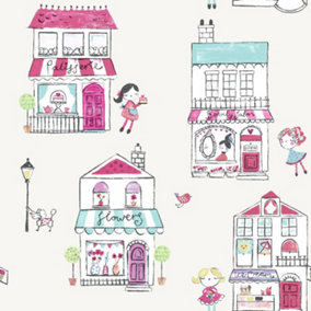 Girls Cream Pink Floral Animal Shop Front Wallpaper Children's Holden Boutique