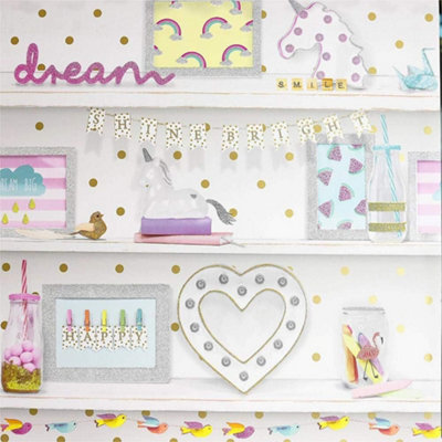 Girls Life Glitter Bookshelf Pink White Wallpaper Polka Dot Heart, Unicorn, Bird, Rainbow 696004
