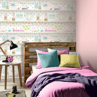 Girls Life Glitter Bookshelf Pink White Wallpaper Polka Dot Heart, Unicorn, Bird, Rainbow 696004