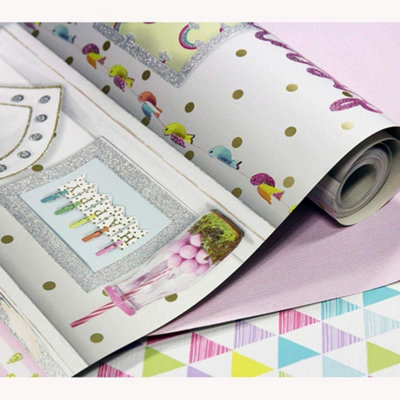 Girls Life Glitter Bookshelf Pink White Wallpaper Polka Dot Heart, Unicorn, Bird, Rainbow 696004