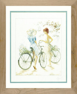 GIRLS ON BICYCLE - Counted Cross Stitch Kit: Girls on Bicycle (Linen) - Lanarte