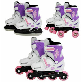 Girls Pink 3in1 Adjustable Roller Blades Inline Quad Skates Ice Skating Medium 13-3 (31-34 EU)