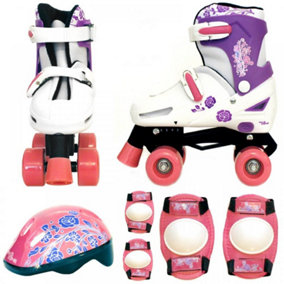 Girls Pink White Quad Skates Padded Kids Roller Boots Safety Pads Helmet Set Small 9-12 (27-30 EU)