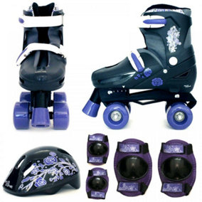 Girls Purple Black Quad Skates Kids Padded Roller Boots Safety Pads Helmet Set Large 3-6 (35-38 EU)