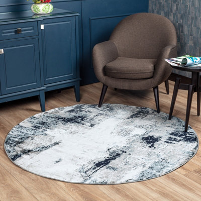 GIULIA Round Abstract Modern Marble Aqua/Navy Area Rug 200 x 200 cm