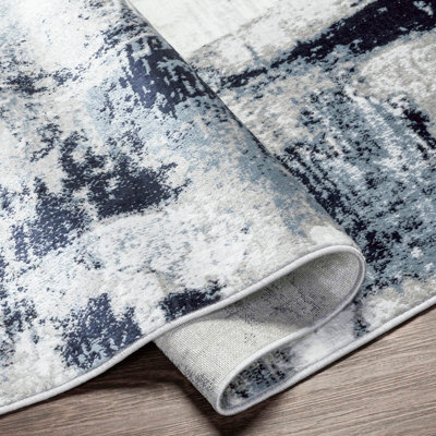 GIULIA Round Abstract Modern Marble Aqua/Navy Area Rug 200 x 200 cm
