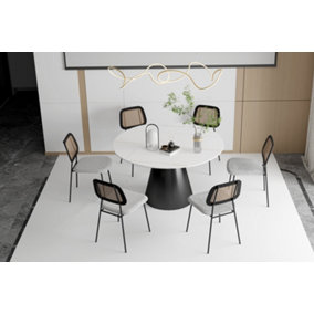 Glacial White Round Sintered Stone Dining Table with Metal Frame - 135cm Diameter