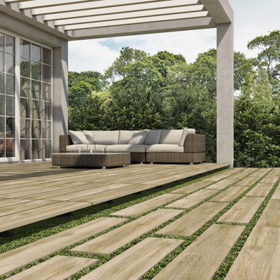 Glade Matt Oak Wood Effect Porcelain Outdoor Tile Pack of 15 Tiles 5.42m² (L)1205mm (W)300mm