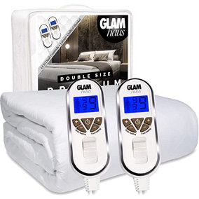 GlamHaus Double Size Electric Blanket - Fitted Mattress Bed Cover - White Diamond Quilted - Settings for Feet and Body, Timer