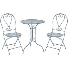GlamHaus Garden Bistro Set 3 Piece Outdoor Metal Foldable Patio Balcony Furniture Shabby Chic - Toulouse Antique Blue