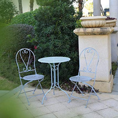 GlamHaus Garden Bistro Set 3 Piece Outdoor Metal Foldable Patio Balcony Furniture Shabby Chic - Toulouse Antique Blue