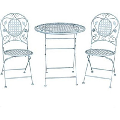 GlamHaus Garden Bistro Set 3 Piece Outdoor Metal Foldable Patio Balcony Furniture Shabby Chic - Turin Antique Blue