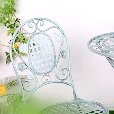 GlamHaus Garden Bistro Set 3 Piece Outdoor Metal Foldable Patio Balcony Furniture Shabby Chic - Turin Antique Blue
