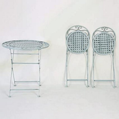 GlamHaus Garden Bistro Set 3 Piece Outdoor Metal Foldable Patio Balcony Furniture Shabby Chic - Turin Antique Blue