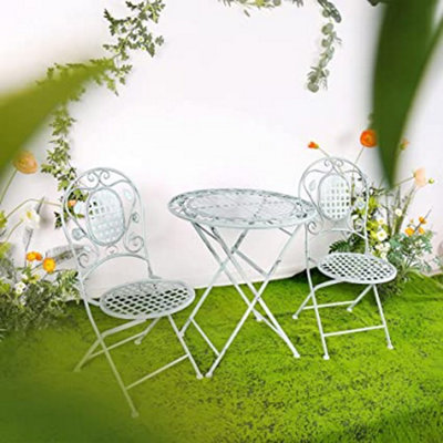 GlamHaus Garden Bistro Set 3 Piece Outdoor Metal Foldable Patio Balcony Furniture Shabby Chic - Turin Antique Blue