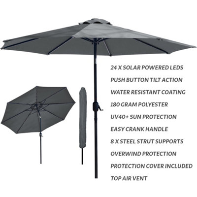 GlamHaus Garden Parasol Solar LED 2.7M ,Tilting Table Umbrella with Crank Handle, Protection UV40, Free Parasol Cover- Dark Grey