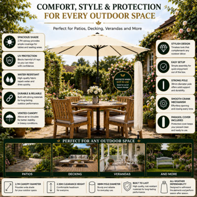 GlamHaus Garden Parasol Table Umbrella 2.7M with Crank Handle UV40 ...