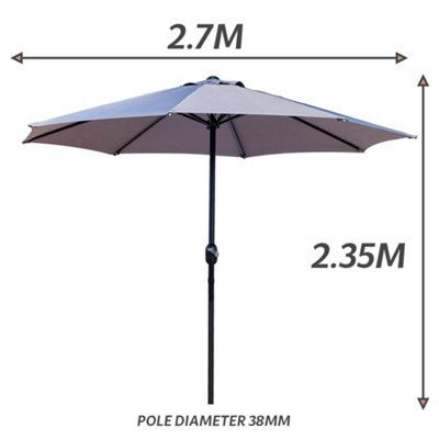 GlamHaus Garden Parasol Table Umbrella 2.7M with Crank Handle, UV40 Protection, Free Protection Cover, Robust Steel - Light Grey