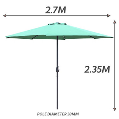 GlamHaus Garden Parasol Table Umbrella 2.7M with Crank Handle, UV40 Protection, Includes Protection Cover, Robust Steel - Green