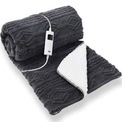 GlamHaus Heated Electric Throw Blanket Luxurious Soft Design 9 Temperature Settings 9 Hour Timer Dark Grey