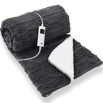 GlamHaus Heated Electric Throw Blanket - Luxurious & Soft Design - 9 Temperature Settings & 9-Hour Timer Dark Grey