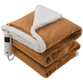 GlamHaus Heated Throw Electric Blanket 6 Heat and 9 Timer Auto Shut Off - Digital Control - Machine Washable - Brown