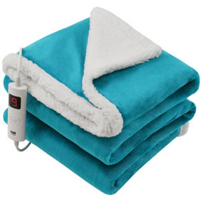 GlamHaus Heated Throw Electric Blanket 6 Heat and 9 Timer Auto Shut Off - Digital Control - Machine Washable - Light Blue