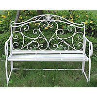 GlamHaus Metal Garden Bench Seat Patio Furniture Foldable Antique White Beautiful Shabby Chic Handmade Vintage (Florence)