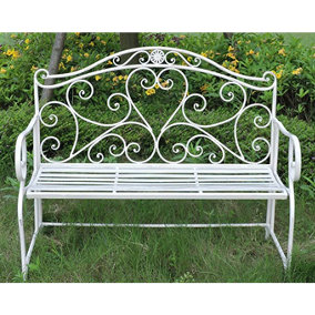 GlamHaus Metal Garden Bench Seat Patio Furniture Foldable Antique White Beautiful Shabby Chic Handmade Vintage (Florence)