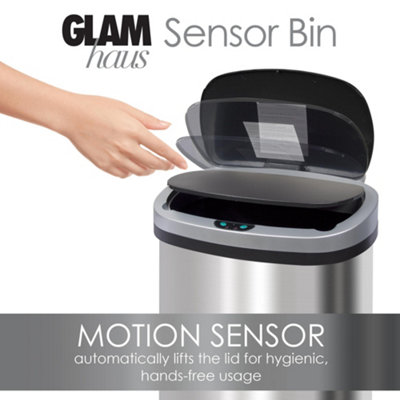 GlamHaus Sensor Bin, Motion Sensing 50L For Kitchen, Soft Close With Supplied Power Adaptor Or Battery Operated