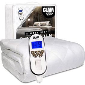 GlamHaus Single Size Electric Blanket - Fitted Mattress Bed Cover - White Diamond Quilted - Settings for Feet and Body, Timer