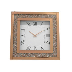 Glamorous Rose Gold Crushed Crystal Mirrored Wall Clock Square Silent