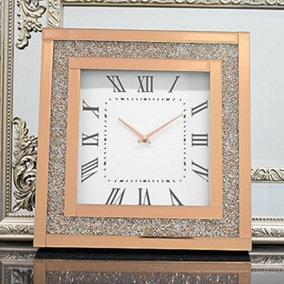 Glamorous Rose Gold Crushed Crystal Mirrored Wall Clock Square Silent
