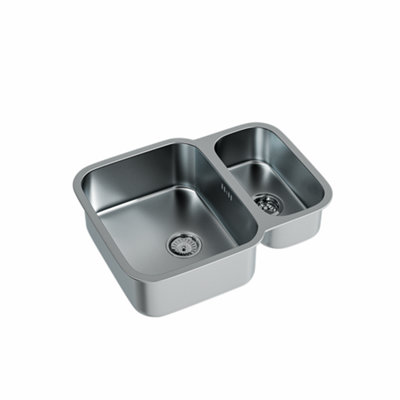 Glan Polished 1.5 Bowl Satin Matt Stainless Steel Undermount Kitchen Sink - 590 x 460 x 175mm and Chrome Strainer Wastes