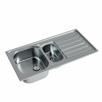 Glan Satin Matt 1.5 Bowl Inset Stainless Steel Kitchen Sink 1000 x 500mm Supplied with Chrome Basket Strainer Wastes
