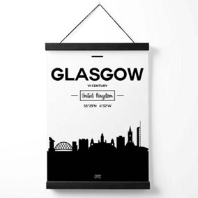 Glasgow Black and White City Skyline Medium Poster with Black Hanger